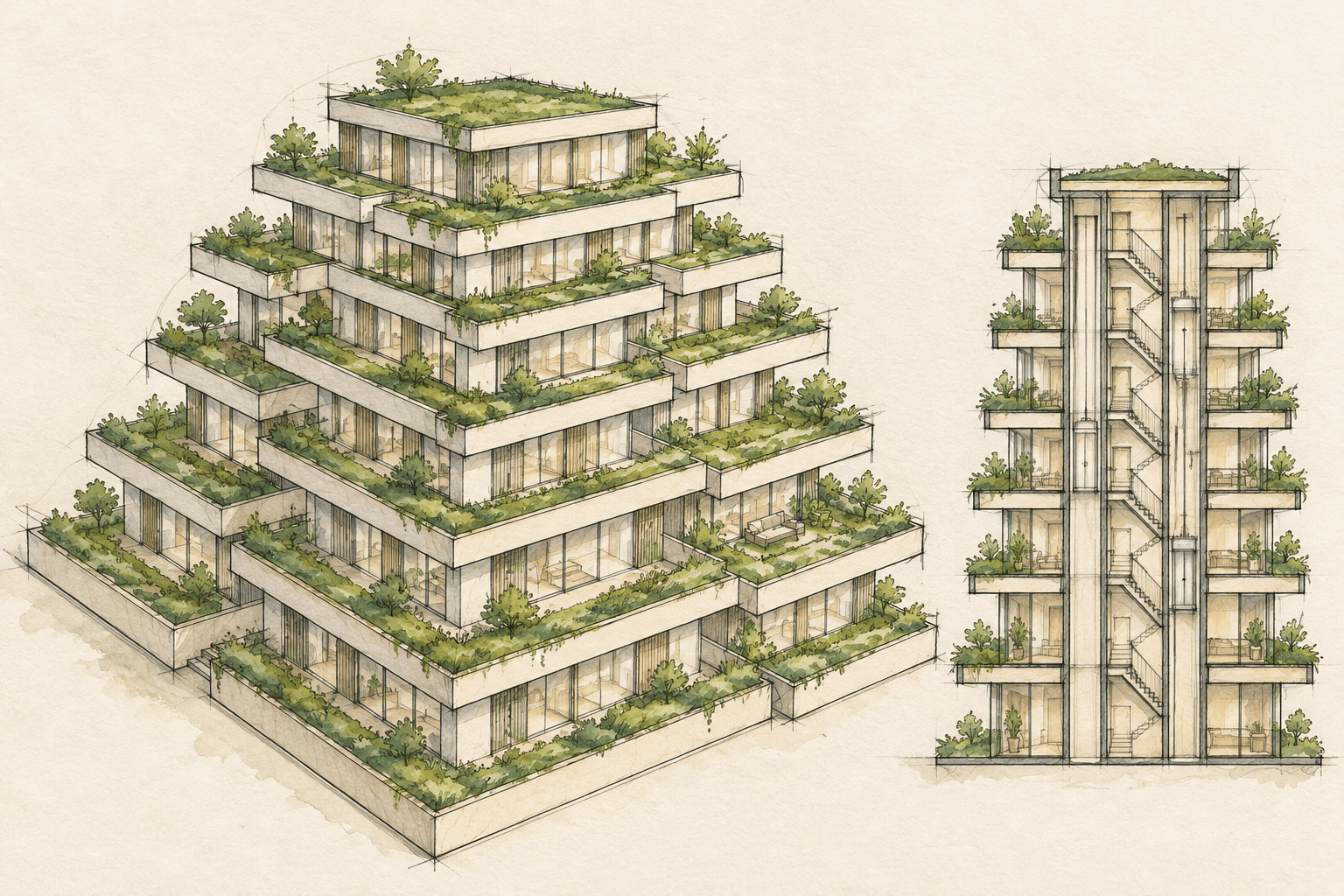 Håndtegnet idé til en terrassert pyramidebolig med åtte etasjer, hager på bygningskroppen og en indre felleskjerne.