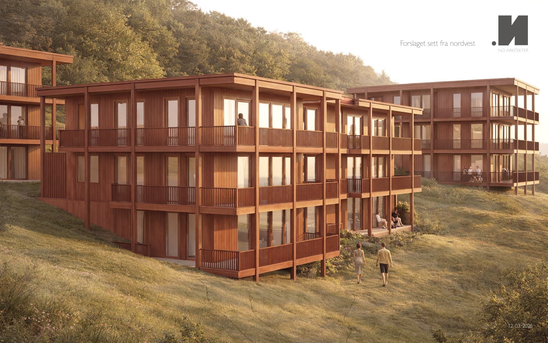 Forslaget sett fra nordvest – NO ARKITEKTER, 12. mars 2026