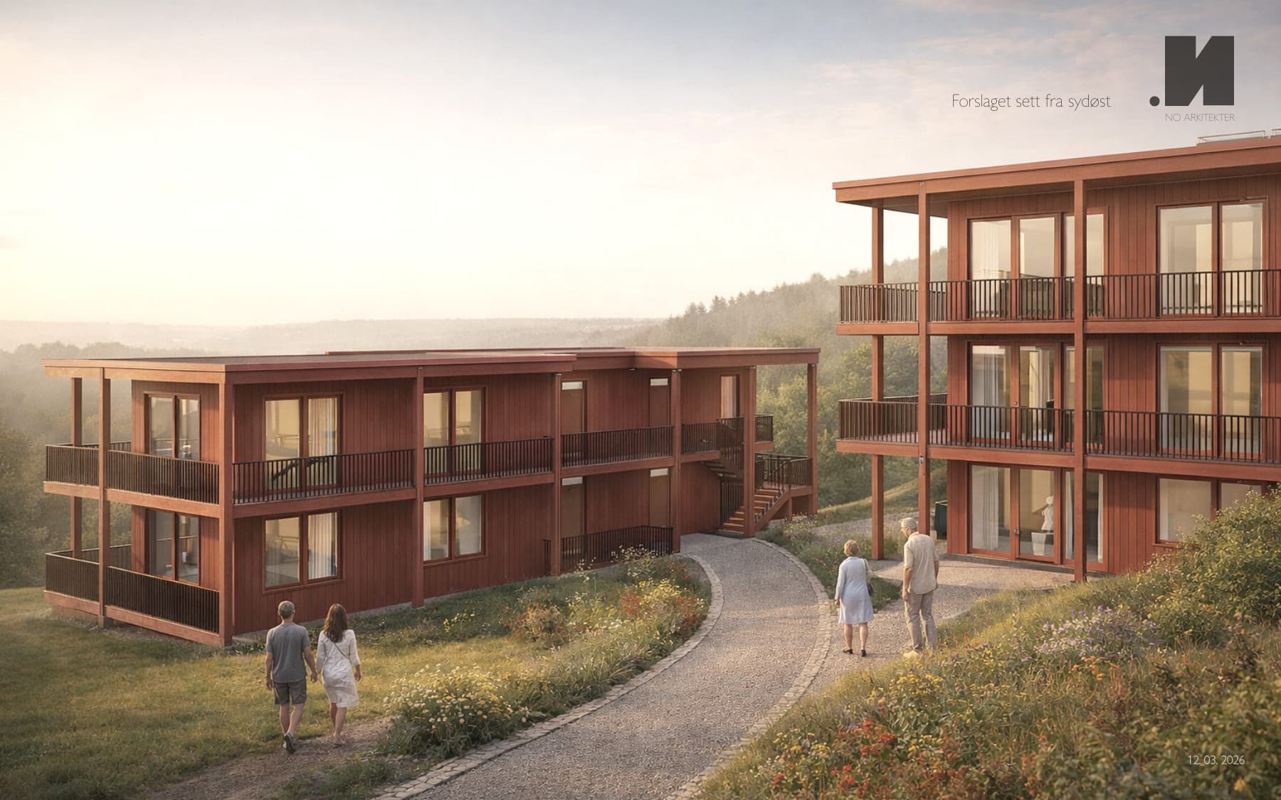 Forslaget sett fra sydøst – NO ARKITEKTER, 12. mars 2026